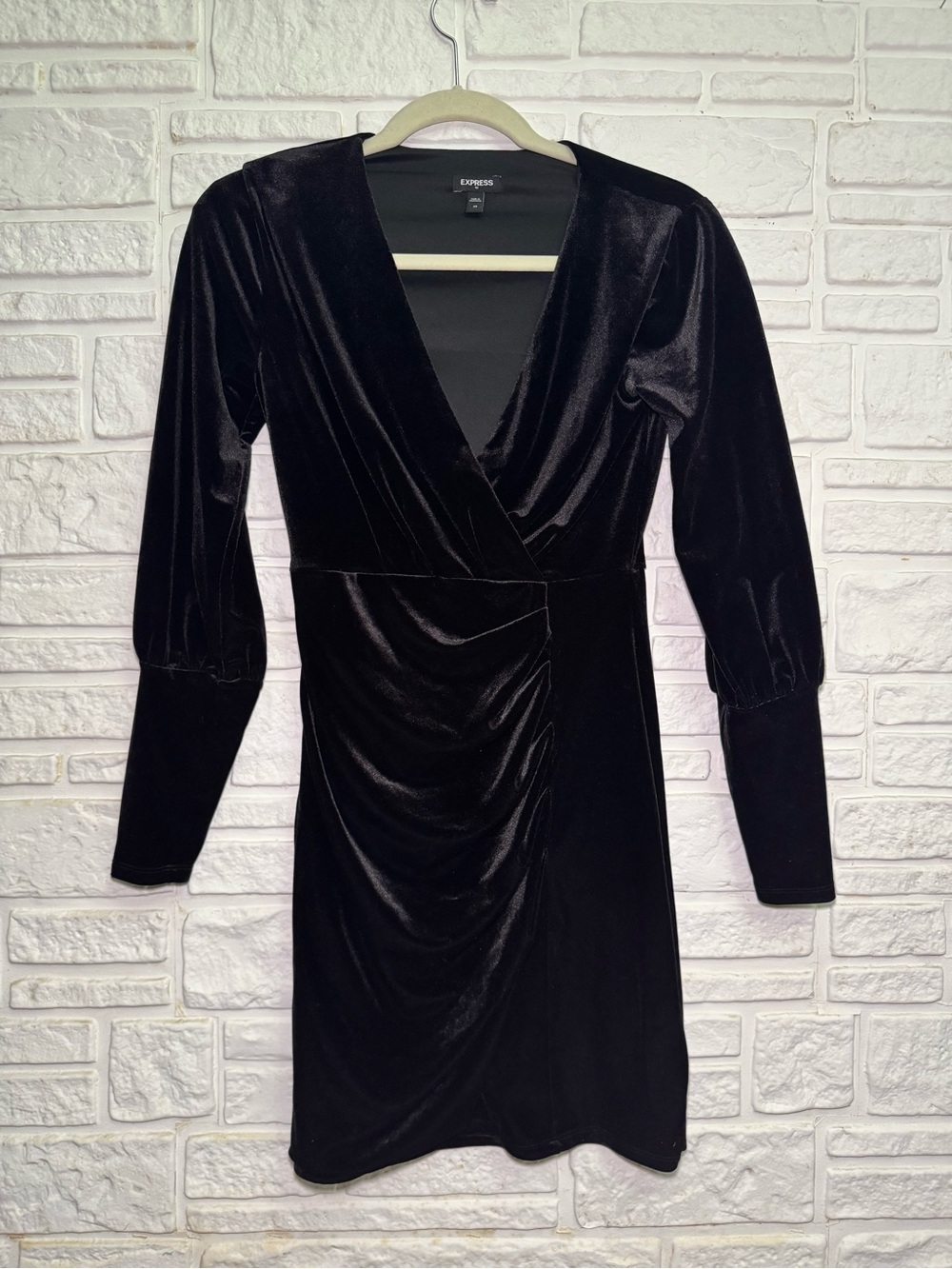 Express Black Velvet Long Sleeve Wrap Dress with Shoulder Pads